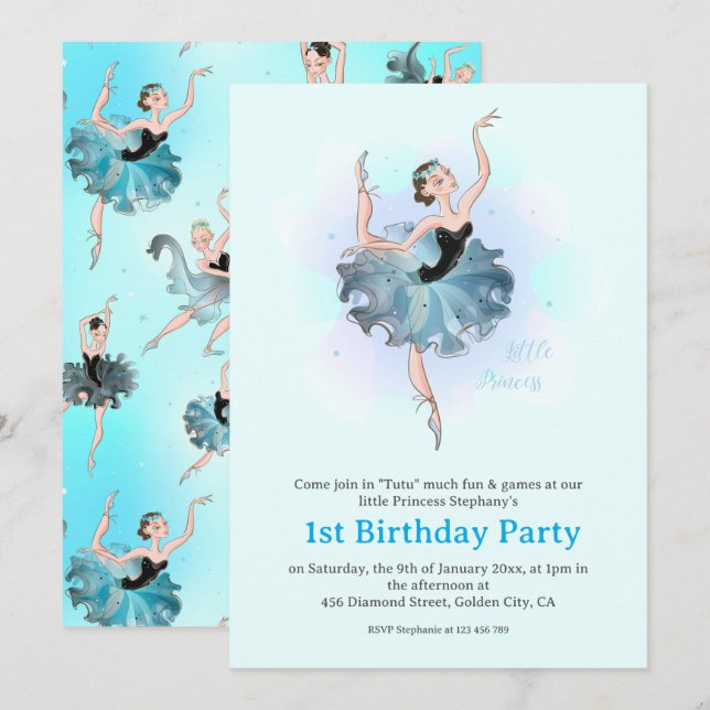 Invitation Ballet Princess 1st Birthday Pastel Illustration (Devant / Derrière)