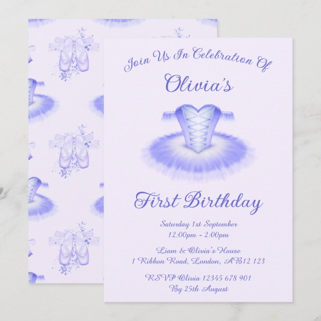 Invitation Ballet violet Anniversaire Tutu Watercolor Invitat (Devant / Derrière)