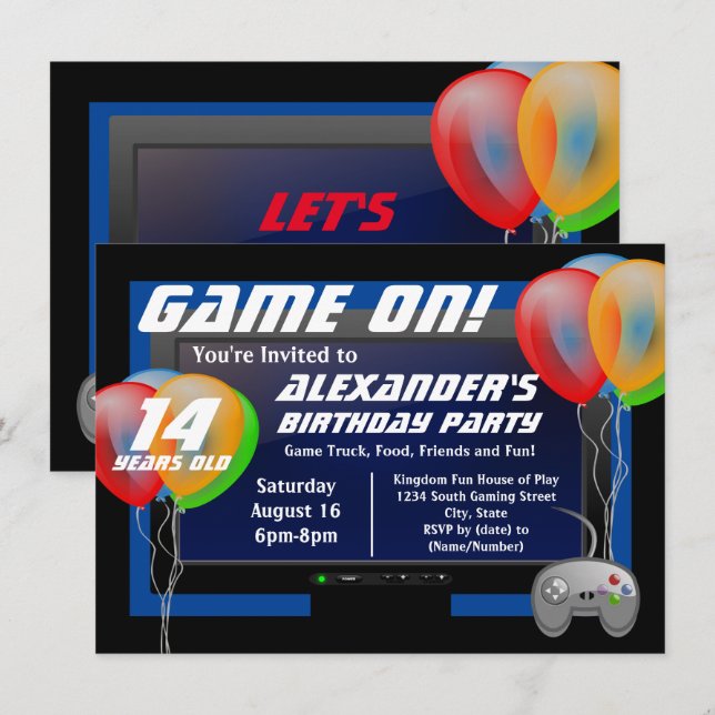 Invitation Balloirs Écran Jeu Vidéo Jeu Anniversaire Fête I (Devant / Derrière)
