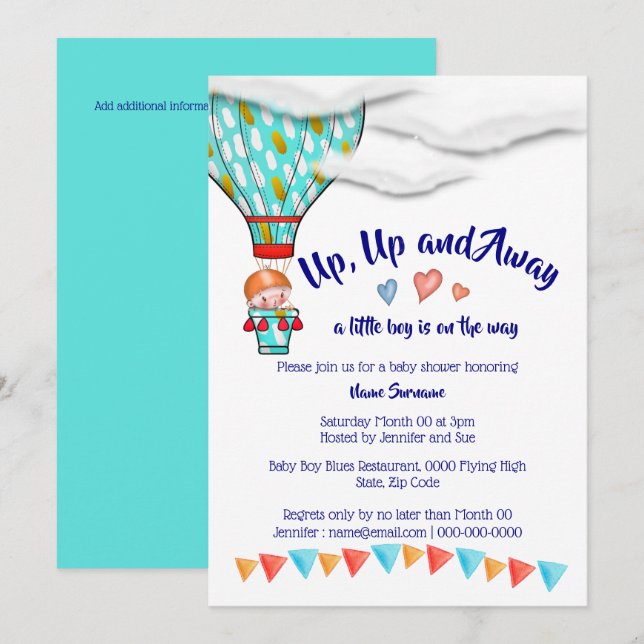 Invitation Ballon à air chaud garçons baby shower jolie fête  (Devant / Derrière)