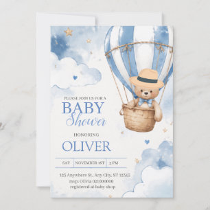 Invitation Ballon à air chaud Ourson Bleu Fête Prénatale Garç