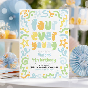Invitation Ballon à confettis Four Ever Young 4e anniversaire