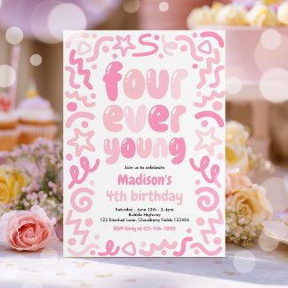 Invitation Ballon à confettis Four Ever Young 4e anniversaire