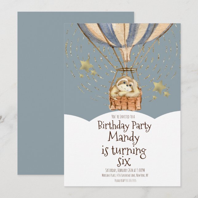Invitation Ballon Aerostatique Paresseux Aquarelle Anniversai (Devant / Derrière)