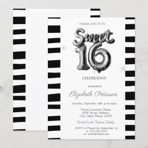 Invitation Ballon Argent Rayé Noir Sweet 16