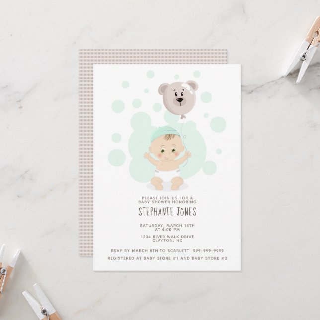 Invitation Ballon Baby et Ours Douce (Devant/Arrière en situation)
