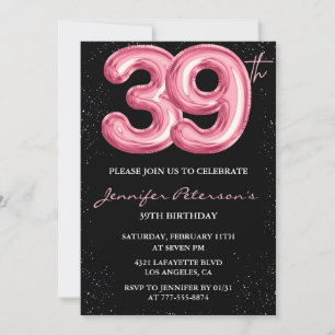Invitation Ballon Black Pink Glam Glitter 39e anniversaire