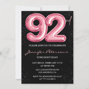 Invitation Ballon Black Pink Glam Glitter 92e anniversaire