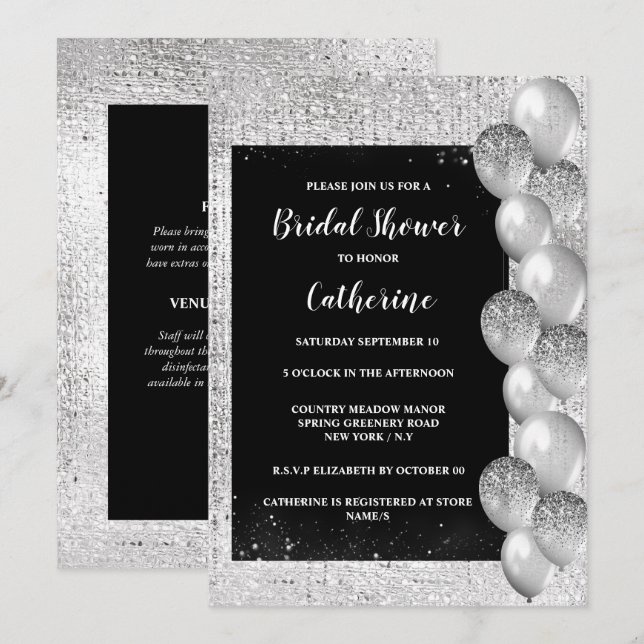 Invitation Ballon brillant argent sur noir luxueux élégant (Devant / Derrière)