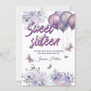 Invitation Ballon chic papillon floral sweet sixteen lilas