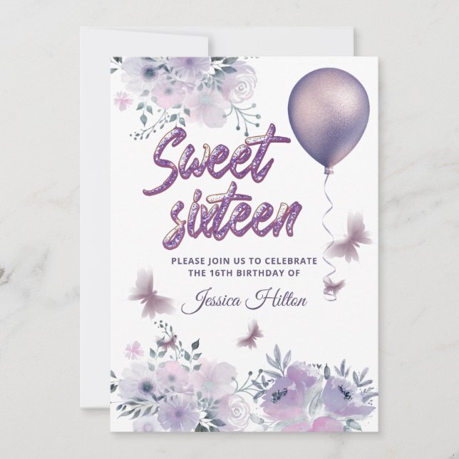 Invitation Ballon chic papillon floral sweet sixteen lilas (Devant)