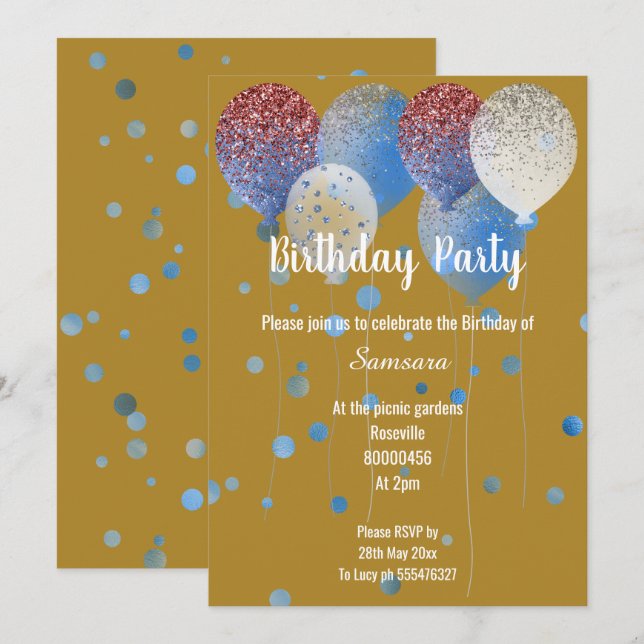 INVITATION BALLON D'ANNIVERSAIRE D'OR ROUGE BLANC ET BLEU (Devant / Derrière)