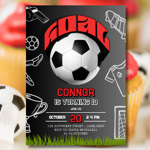 Invitation Ballon de Football Noir et Rouge Fête d'Anniversai