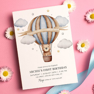 Invitation Ballon d'ours Aquarelle Garçons 1er Anniversaire M