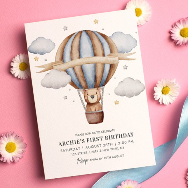 Invitation Ballon d'ours Aquarelle Garçons 1er Anniversaire M (Bear Hot Air Balloon 1st Birthday Invitation Template Modern Cute Kids Invite)
