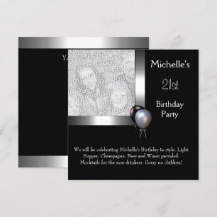 Invitation Ballon élégant argent noir pour 21e anniversaire