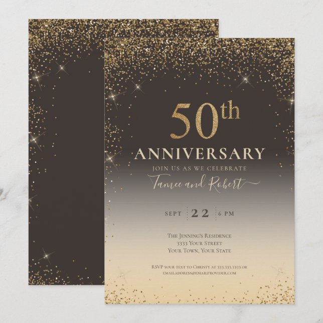 Invitation Ballon élégant doré pailleté 50e anniversaire (Devant / Derrière)