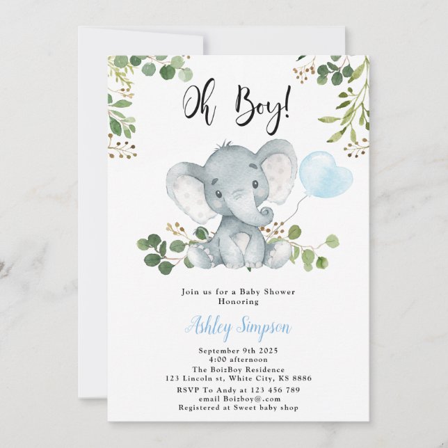 Invitation Ballon éléphant Oh baby shower garçon (Devant)