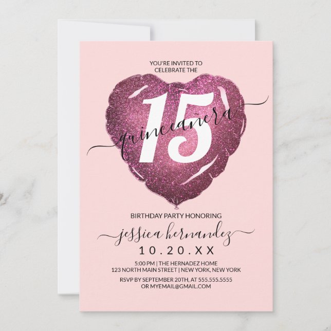 Invitation Ballon en forme de cœur pailleté rose Girly Blush  (Devant)