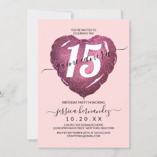 Invitation Ballon en forme de cœur pailleté rose Girly Blush
