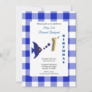 Invitation Ballon en forme de poisson en gingham bleu et feui