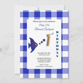 Invitation Ballon en forme de poisson en gingham bleu et feui