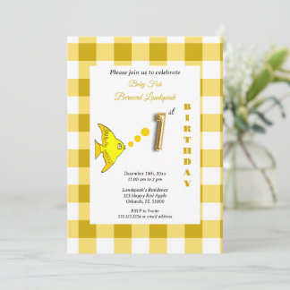 Invitation Ballon en forme de poisson en gingham jaune et feu