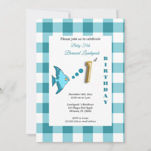 Invitation Ballon en forme de poisson en gingham sarcelle et