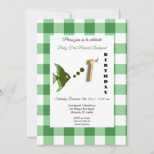 Invitation Ballon en forme de poisson en gingham vert et feui