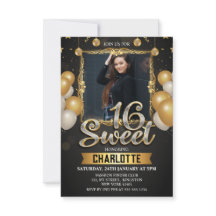 Ballon en Glitter Photo Sweet 16 Noir & Or