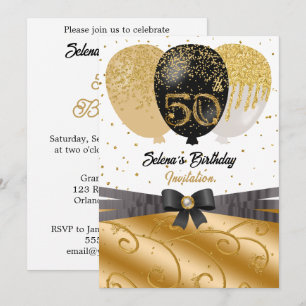 Invitation Ballon en soie noir et or pour les 50 ans
