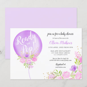 Invitation Ballon fleuri violet prêt à faire sauter le baby s