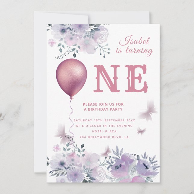 Invitation Ballon floral chic papillon lilas 1er anniversaire (Devant)