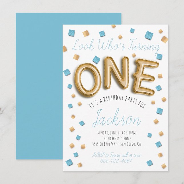 Invitation Ballon Gold Foil moderne 1er anniversaire Invitati (Devant / Derrière)