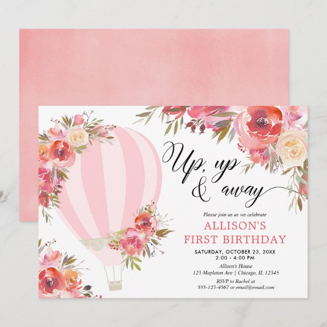 Invitation Ballon gonflable floral rose fuchsia pour fille po (Devant / Derrière)