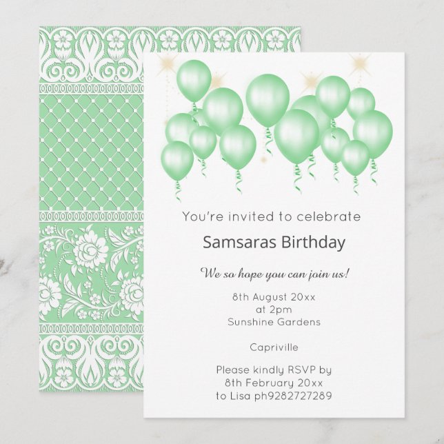 INVITATION BALLON MODERNE ÉLÉGANT SAGE GREEN LACE ANNIVERSAIR (Devant / Derrière)