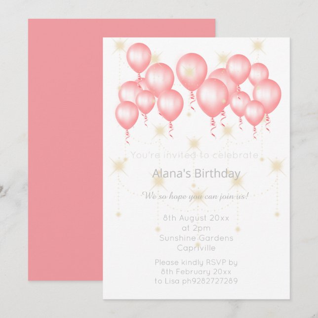 INVITATION BALLON MODERNE ET ÉLÉGANT ROSE ROSE ANNIVERSE (Devant / Derrière)