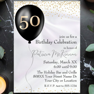 Invitation Ballon noir et or sur satin blanc pour 50e anniver