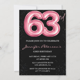 Invitation Ballon Noir Rose Glam Pailleté 63e anniversaire