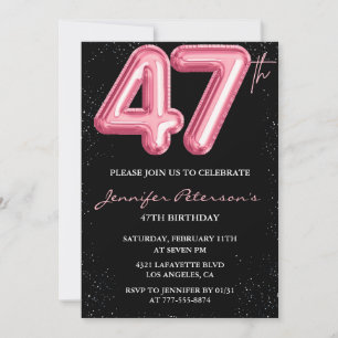 Invitation Ballon Noir Rose Glam Paillettes 47e anniversaire