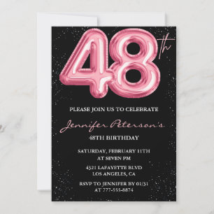 Invitation Ballon Noir Rose Glam Paillettes 48e anniversaire