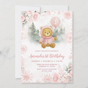 Invitation Ballon Ours d'Hiver Rose Gold 1er Anniversaire