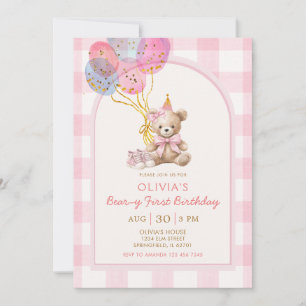 Invitation Ballon Ours Gingham Rose Anniversaire Premier Ours