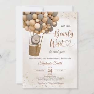 Invitation Ballon Ourson en Or pour Baby Shower