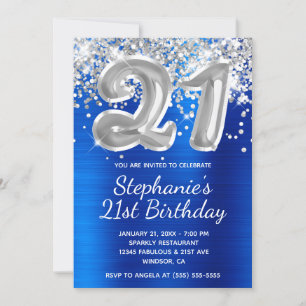 Invitation Ballon Pailleté Argent Bleu Royal 21e Anniversaire