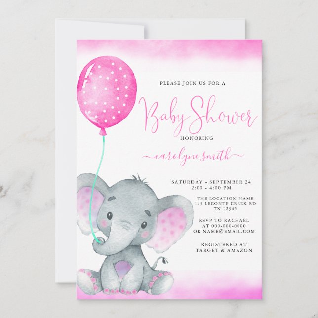 Invitation ballon rose baby shower d'éléphant mignon (Devant)