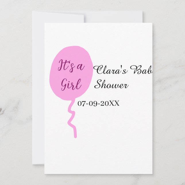 Invitation Ballon rose c'est une fille baby shower ajouter no (Devant)