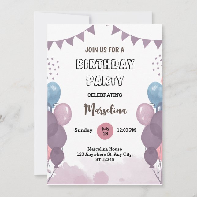 Invitation Ballon violet moderne Bunc Anniversaire (Devant)