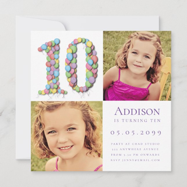 Invitation Ballons 10e année Anniversaire Photo I (Devant)