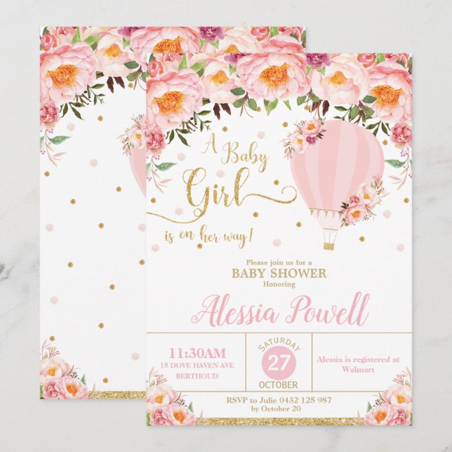 Invitation Ballons à air chaud Baby shower floue Fille Bébée  (Devant / Derrière)